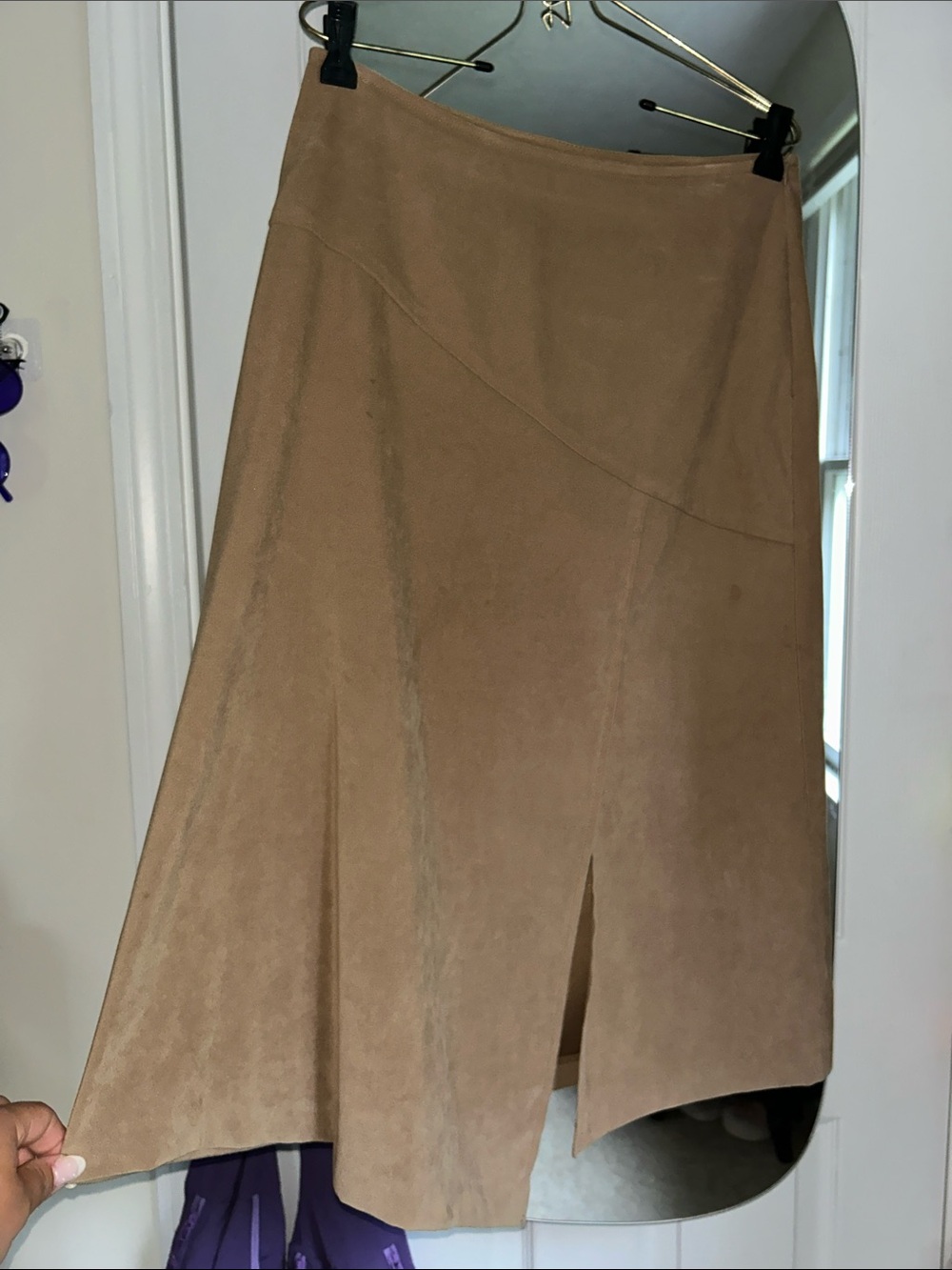 dressbarn Taupe Asymmetrical Suede-Look Midi Skirt